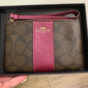 Coach Signature Brown and Cherry Wristlet